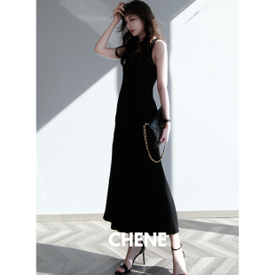 CHENE伊伊环葆亚麻混纺纱线A摆针织坑条无袖 方领连衣裙女可机洗