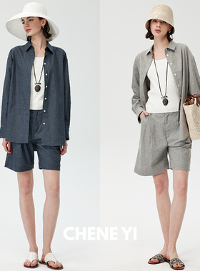CHENE YI简约博主风轻薄汉麻防晒廓形衬衫外套/中裤短裤套装女