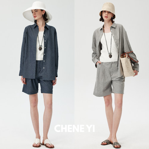 CHENE YI简约博主风轻薄汉麻防晒廓形衬衫外套/中裤短裤套装女