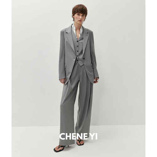 CHENE YI 松弛感老钱风都市通勤毛麻混纺西装/马甲/休闲裤套装女