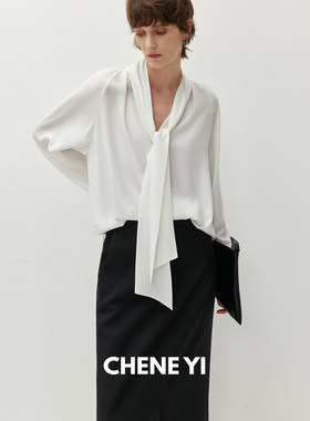 CHENE YI 通勤/佰搭三醋酸多穿法飘带宽松女士白衬衫上衣含吊带