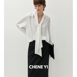 CHENE 通勤 佰搭三醋酸多穿法飘带宽松女士白衬衫 上衣含吊带