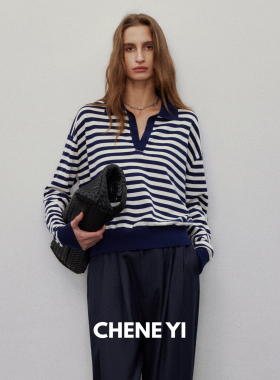 CHENE YI 康赛妮羊绒混纺条纹Polo领海魂衫显瘦针织衫长袖上衣女