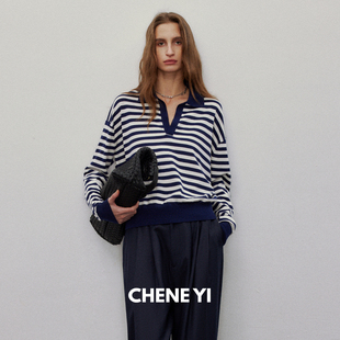 长袖 CHENE 显瘦针织衫 康赛妮羊绒混纺条纹Polo领海魂衫 上衣女