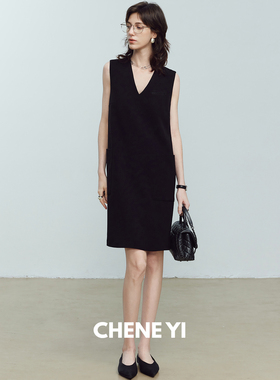 CHENE YI进口柔雾哑光肌理感三醋酸V领无袖连衣裙女夏季连身短裙