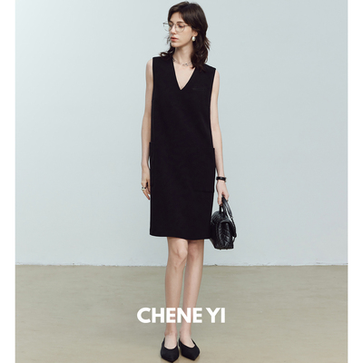 CHENE YI进口柔雾哑光肌理感三醋酸V领无袖连衣裙女夏季连身短裙