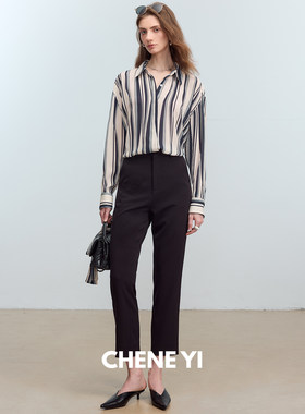 CHENE YI 佰搭/通勤篙悬垂后开衩设计直筒小脚小黑裤九分休闲裤女