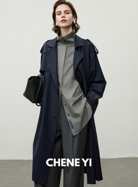 CHENE YI单侧挡片设计翻领廓形设计藏青色长款羊毛风衣外套