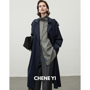 CHENE YI单侧挡片设计翻领廓形设计藏青色长款羊毛风衣外套