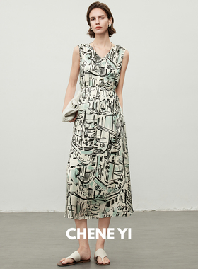 CHENE YI法国进口不规则几何油画感V领设计A字版型无袖连衣裙