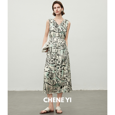 CHENE YI法国进口不规则几何油画感V领设计A字版型无袖连衣裙