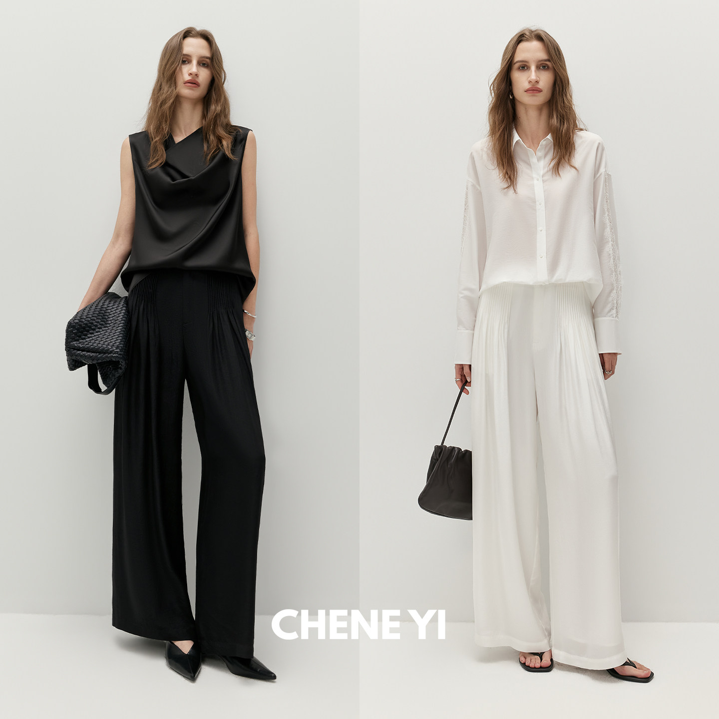 CHENE YI 双色通勤/佰搭塔克褶阔腿裤女白色休闲裤舒适直筒长裤