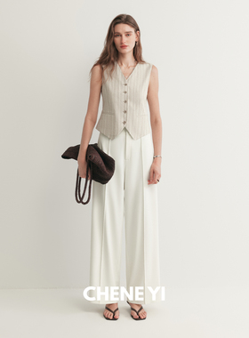 CHENE YI 可调节腰头立切直筒裤女百搭设计感白色休闲裤夏天裤子