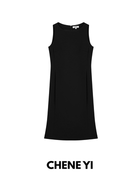 CHENE YI三醋酸混纺无袖一字领鱼尾连衣裙女显瘦黑色中长款连身裙