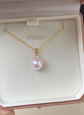 天然淡水AKOYA珍珠睫毛款吊坠 18K金锁骨三钻项链爱迪生颈饰诸暨
