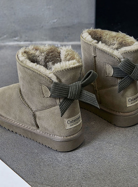 蝴蝶结雪地靴女2022年新款短筒冬季加绒保暖短靴学生防滑面包棉鞋