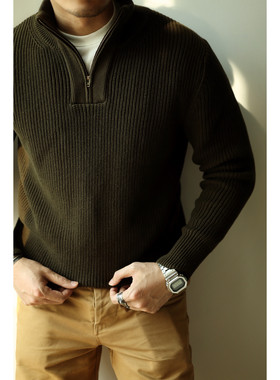 柴米重磅半高拉链高领毛衣男纯棉厚实长袖秋冬针织衫线衣阿美咔叽