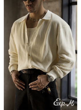 柴米重磅全棉毛织古巴领针织衬衫男士休闲宽松开衫美式复古咔叽