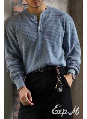 柴米洗水做旧亨利领长袖T恤纯棉毛衣男士秋季打底衫美式复古咔叽