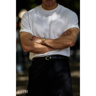 柴米华夫格重磅短袖T恤男小领口老钱风白色打底轻奢美式复古咔叽