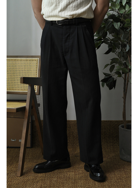 柴米高腰宽松阔腿烫线双褶直筒西裤男士绅士混纺休闲裤阿美咔叽