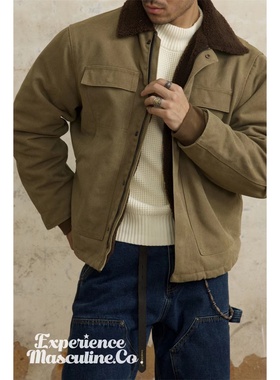 柴米重磅加绒加厚帆布夹克男机车防风羊羔绒工装外套美式复古咔叽