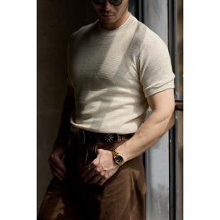 圆领上衣 T恤打底男亲肤透气亚麻混纺针织衫 柴米美式 复古轻薄短袖