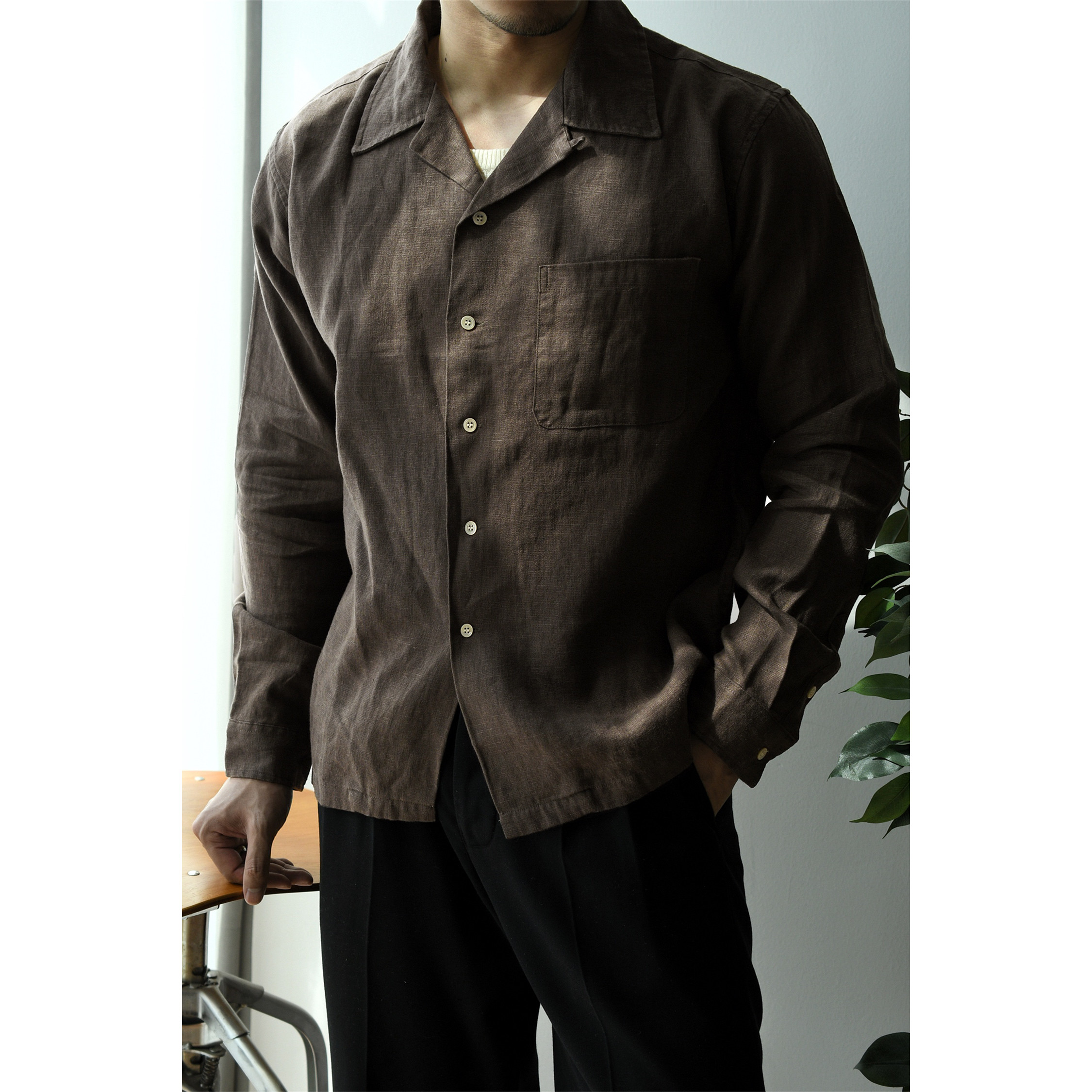 柴米纯亚麻古巴领长袖衬衫男美式复古宽松休闲夏衬衣阿美咔叽秋冬