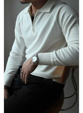 柴米半高拉链全棉针织长袖Polo衫美式复古商务休闲通勤T恤线衣