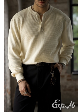 柴米亨利领长袖T恤纯棉休闲通勤毛衣男士秋季打底衫美式复古咔叽