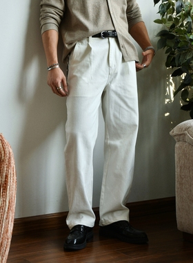 柴米美式复古老钱风白色直筒休闲裤男全棉西装裤咔叽中腰直筒长裤