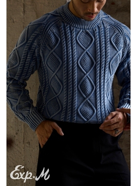 柴米重磅麻花扭花水手半高领毛衣全棉厚实洗褪针织衫美式复古咔叽