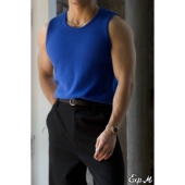 柴米全棉粗针针织圆领背心男士 重磅透气美式 复古性感坎肩咔叽夏