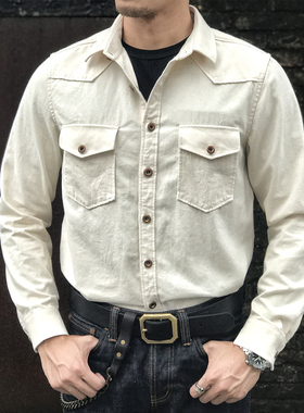 柴米阿美咔叽美式复古重磅有机棉做旧帆布工装休闲衬衫长袖男秋
