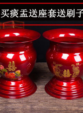 婚庆用品铁痰盂子孙桶红色高脚痰盂马桶搪瓷带盖夜壶尿壶结婚陪嫁
