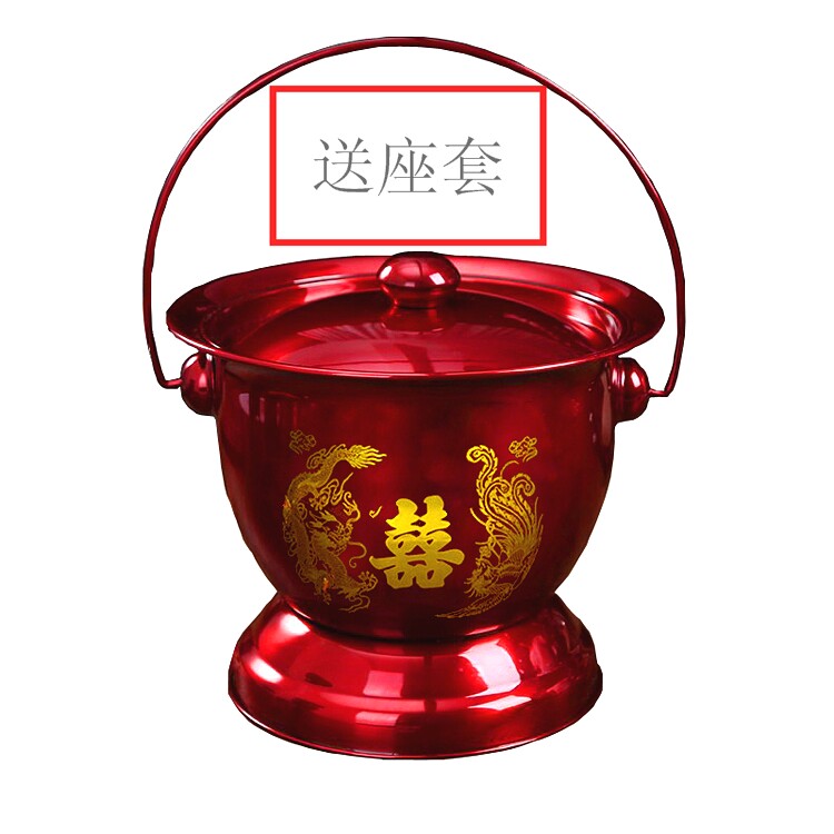 结婚不锈钢手提痰盂子孙桶红色高脚带盖带提手痰盂搪瓷夜壶尿壶