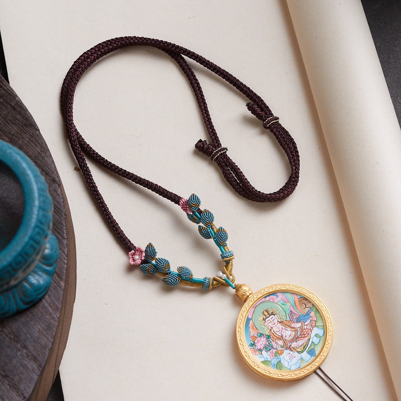 高级黄金八宝罗盘挂件绳手工编织绳项链配绳佛头翡翠玉石吊坠绳女