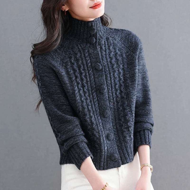 休闲慵懒风翻领麻花纹羊毛针织开衫女短款中年妈妈装宽松毛衣外套