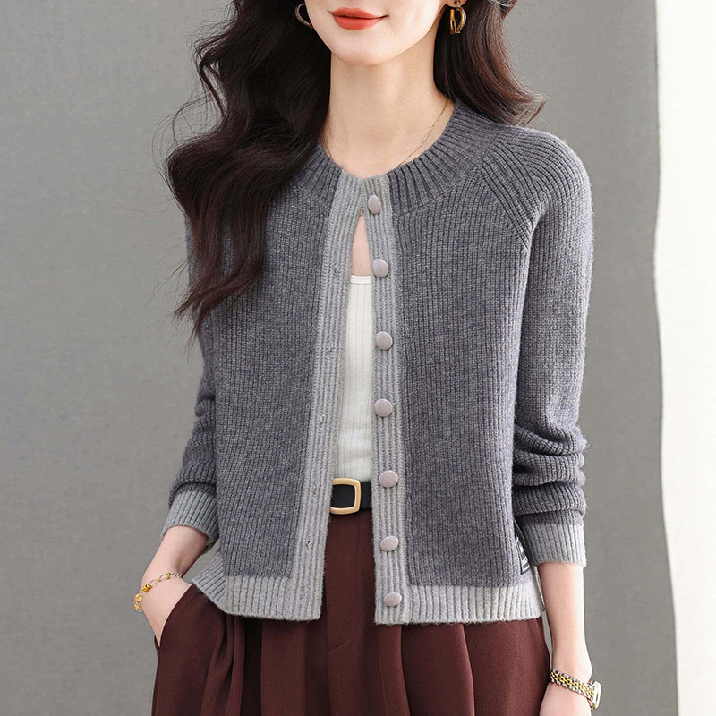 春秋通勤羊毛针织开衫女圆领中年妈妈短款纽扣毛衣外套小个子显瘦
