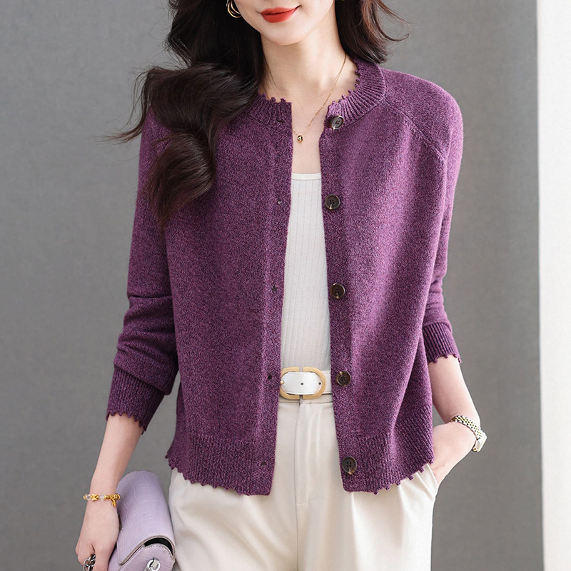 通勤圆领羊毛针织开衫女短款中年妈妈装宽松纽扣毛衣外套洋气百搭