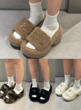 25新款高跟8.5cm厚底毛毛拖羊羔毛一字拖SM迷彩十字花增高拖鞋女