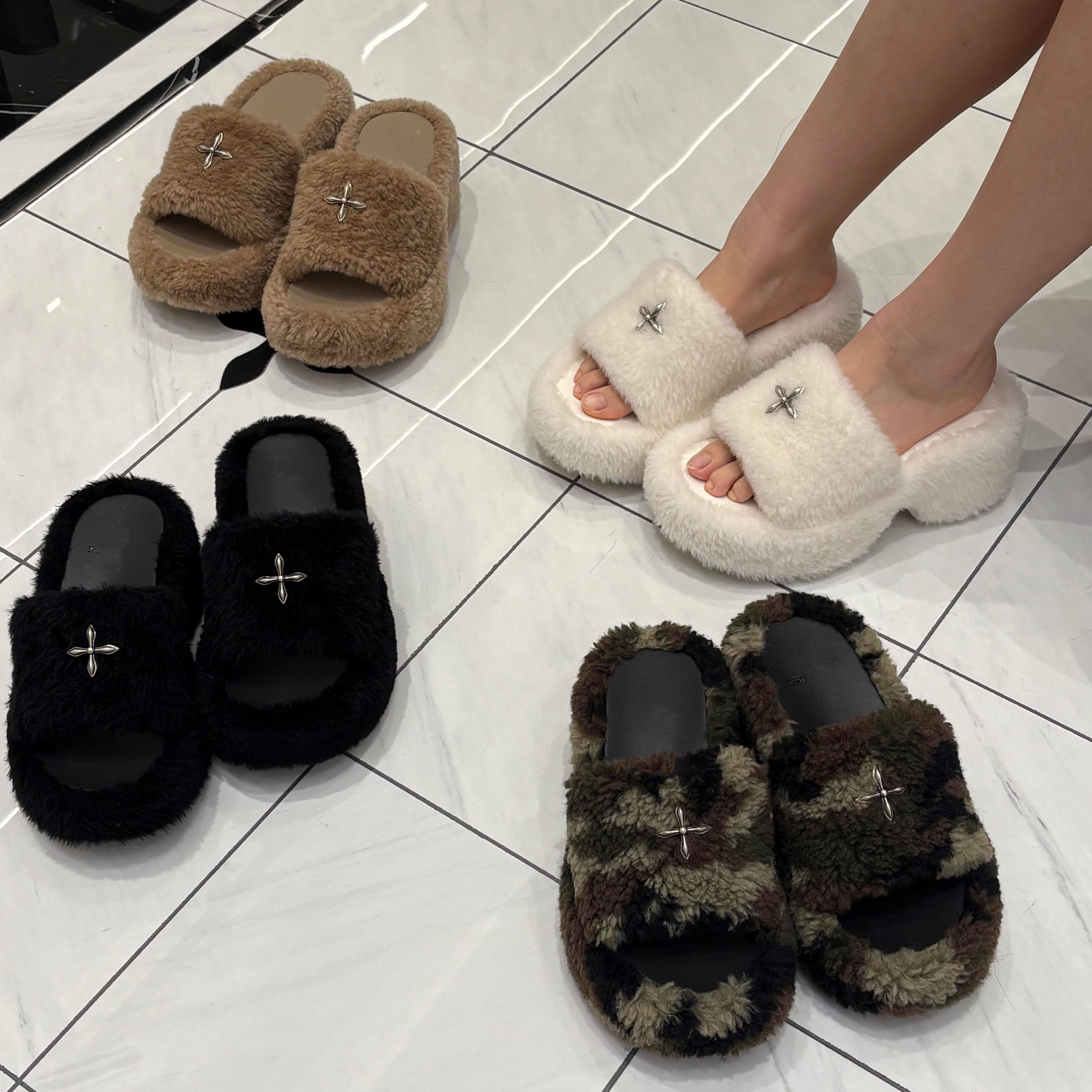 小个子拖鞋毛毛拖高跟增高厚底短毛绒一字拖露趾十字花棉鞋女外穿