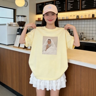 皇冠2026夏季欧美风裹被 女人印花时髦大版宽松全棉圆领短袖T恤女