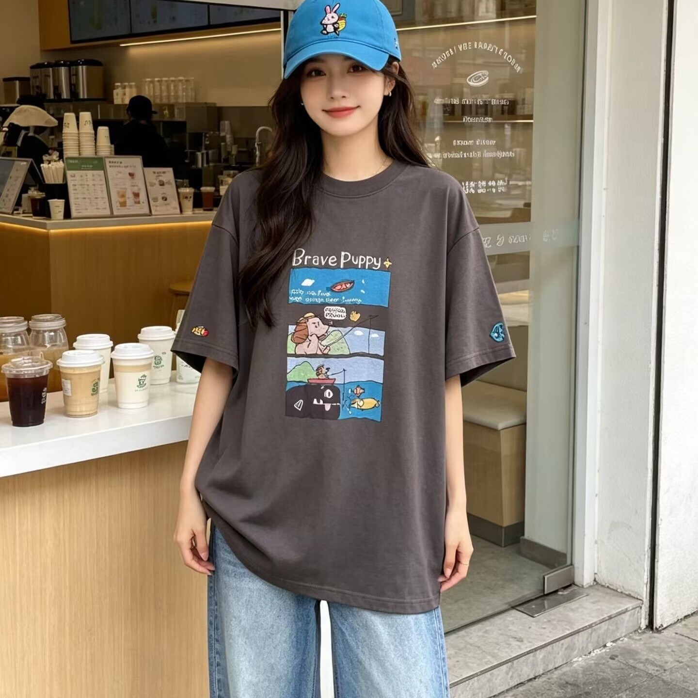皇冠2026夏季韩版卡通动漫宽松显瘦中长款全棉时髦圆领短袖T恤女