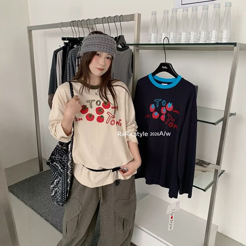 RARA STYLE2026秋季韩版刺绣番茄英文时髦百搭宽松圆领长袖T恤女