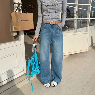 OKOY2658春季韩版简约百搭洋气复古高腰宽松阔腿水洗牛仔拖地裤女