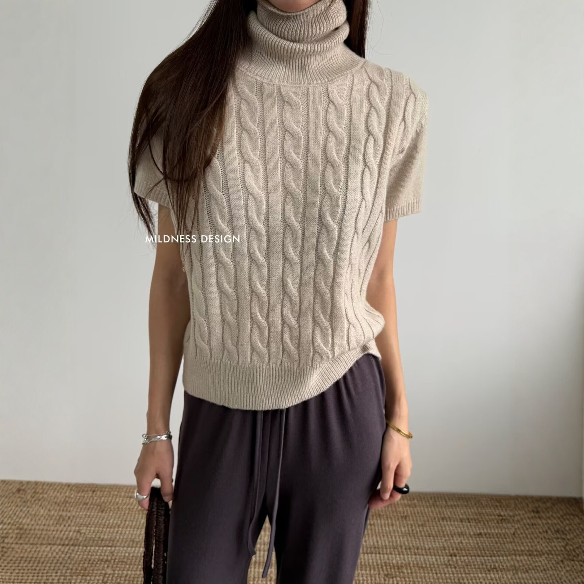 MILDNESS2026秋季韩版简约百搭宽松显瘦ins高领麻花纯色针织衫女
