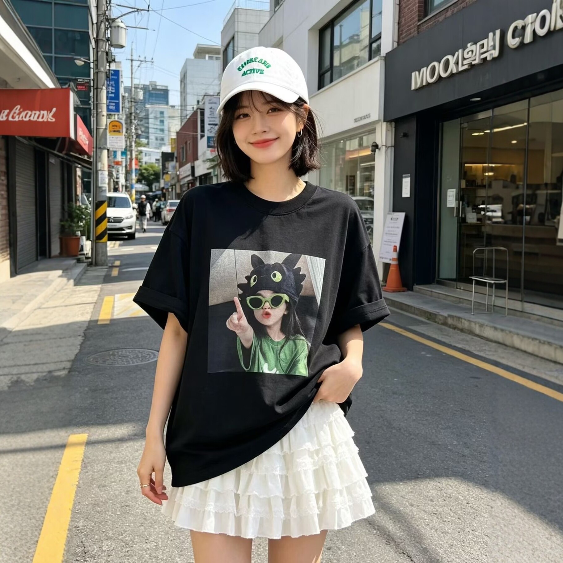 皇冠2026夏季搞怪墨镜女孩印花街头风全棉中长款大版圆领短袖T恤