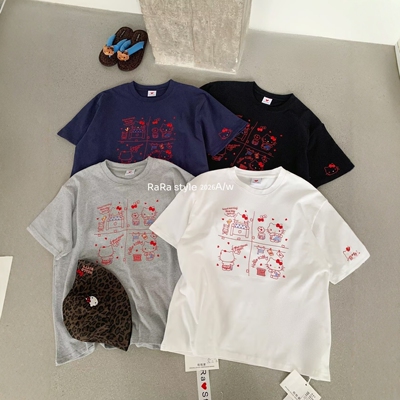 RARA STYLE2026秋季百搭卡通hello kitty刺绣加厚磨毛圆领短袖T恤