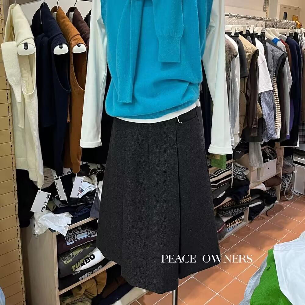 TRUST ME秋冬韩版复古高腰气质百搭显瘦毛呢百褶A字中裙半身裙女